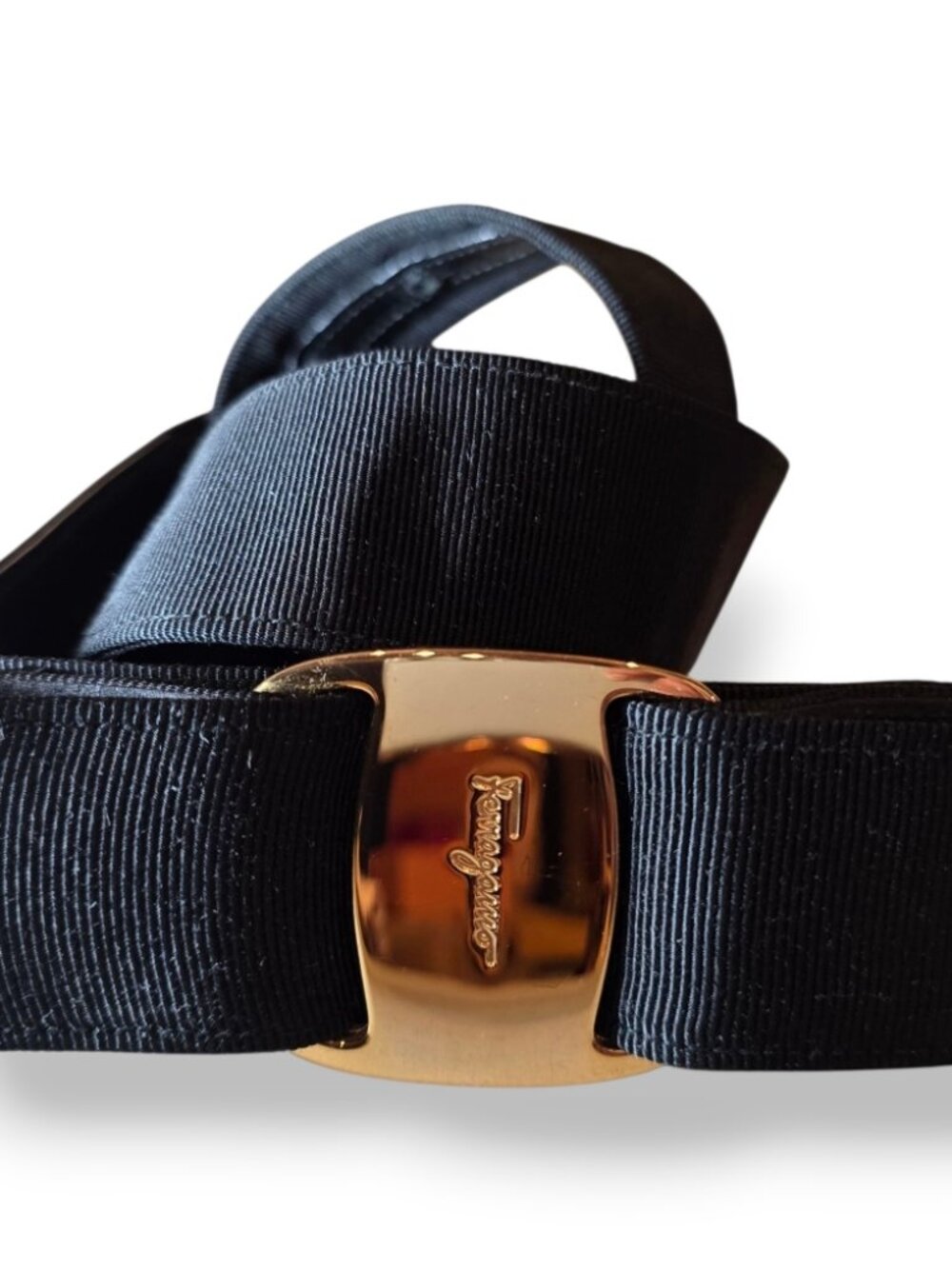 Salvatore Ferragamo Black Grosgrain Belt with Gold Logo Buckle